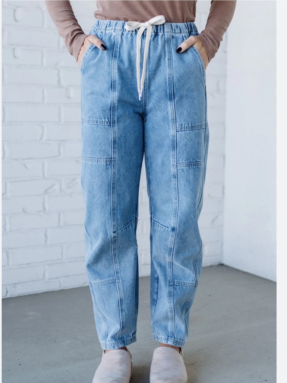 So Me Drawstring Barrel Jeans Stretchy Waist